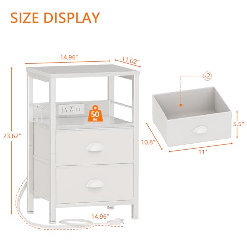 White End Table with Charging Station, 2 Fabric Drawers & USB Ports