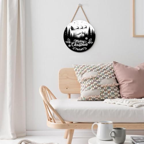 Winter-Merry Christmas Black 12x12 Inch Wooden Door Sign with Snowflakes & Trees