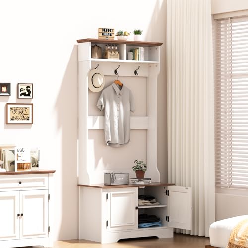 White Farmhouse 5-in-1 Hall Tree with Shoe Rack & Bench - TOOBVEST