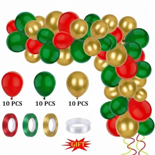 Red Green Gold Christmas Ceiling Balloon Kit with Ribbons & String - 30pcs