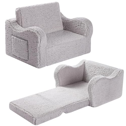 Kids 2-in-1 Foldable Sherpa Sofa Chair - Flip-Out Lounger Couch, Grey
