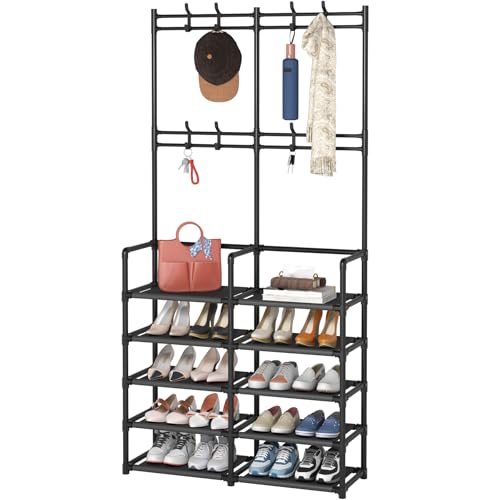 5-Tier Entryway Hall Tree with Shoe Rack and 8 Hooks, Black Storage Organizer