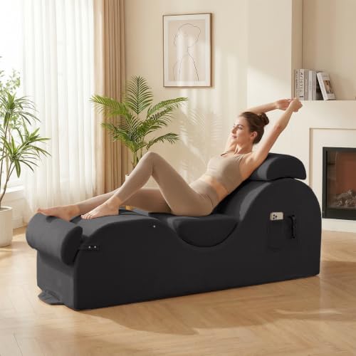 Velvet Yoga Chaise Lounge Chair with Headrest and Footrest, Dark Grey