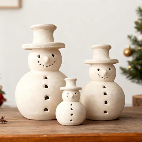 Handmade Terracotta Snowman Figurine - Rustic Christmas Decor & Tealight Holder