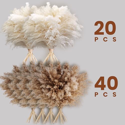 Natural Dried Pampas Grass Decor (60 Pcs, 17 Inch) - Fluffy Boho Room Decor