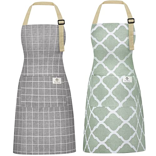 2-Piece Waterproof Cotton Linen Apron Set with Pockets and Adjustable Strap
