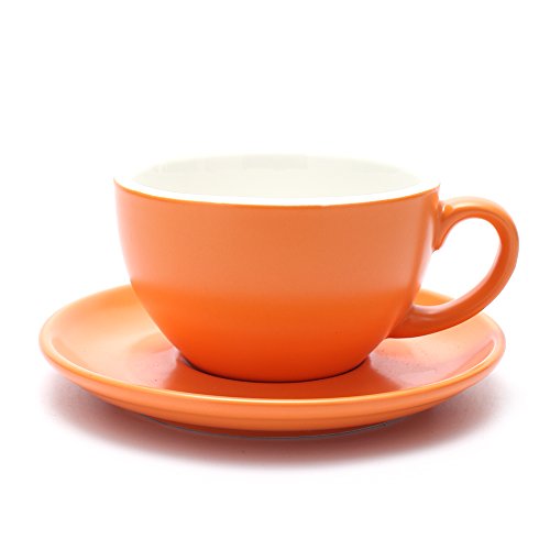 Coffeezone Matte Orange 10.5 oz Ceramic Latte Art Cup & Saucer for Coffee & Cappuccino