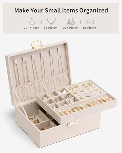 2-Layer Jewelry Box Organizer with Removable Tray, Apricot Pink