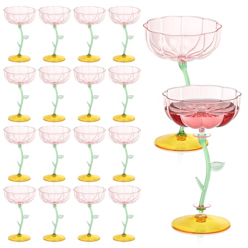 24 Pcs Pink Floral Coupe Glasses, 7oz Detachable Plastic Cocktail Glasses