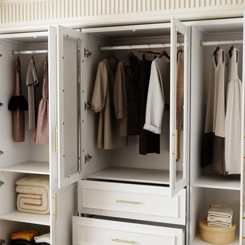 Modern White Wardrobe Armoire with Drawers, Shelves, and Hanging Rods