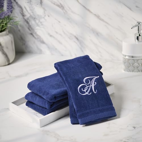 Monogrammed Navy Blue Fingertip Towels - 4 Pack Soft Cotton Velour Set