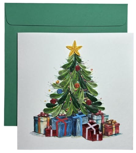 Handcraft 3D Quilling Christmas Card with Envelope - Holiday Holiday Greeting Card, Xmas Tree Design, Blank Inside, Ready to Gift