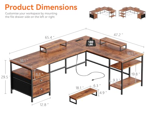 66-Inch L-Shaped Computer Desk with Power Outlet, File Drawer and Monitor Stands