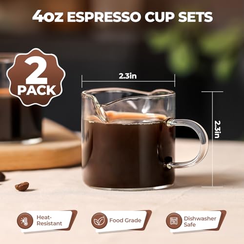 4 oz Glass Espresso Cups with Double Spout and Handle - Set of 2