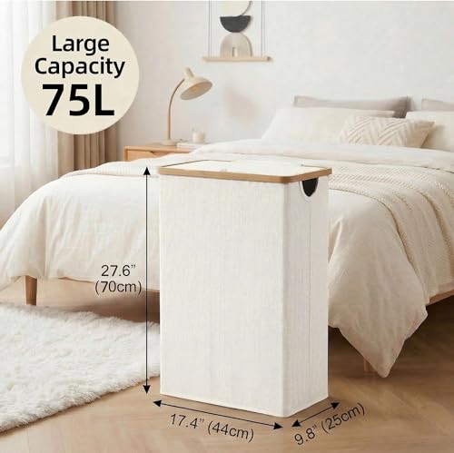 Slim Laundry Basket with Lid, 75L Narrow Hamper with Removable Bag