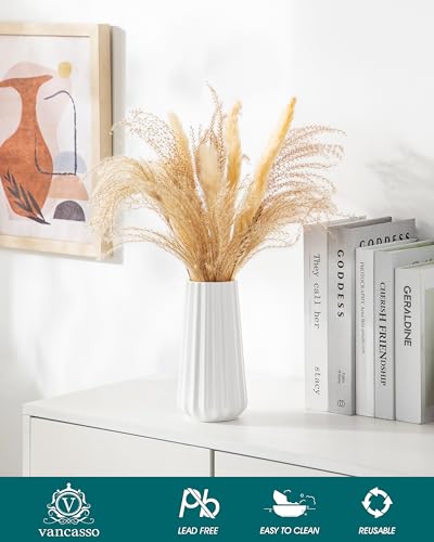 Modern White Ceramic Flower Vase - 7.8 Inch Ribbed Decorative Vase