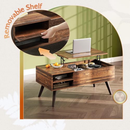 Lift Top Coffee Table with Hidden Storage and Adjustable Shelf, Brown