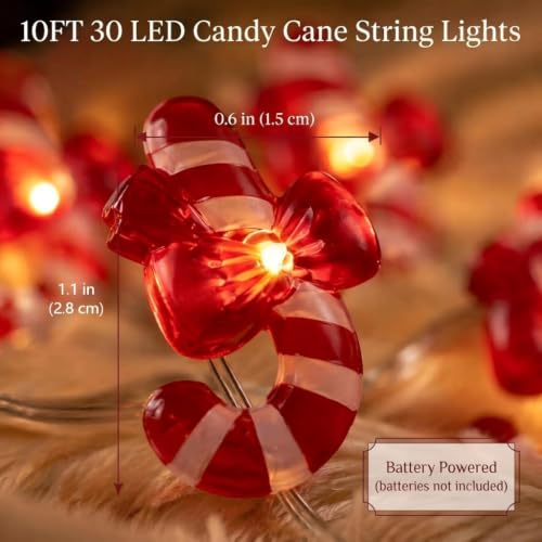 Candy Cane String Lights 10ft 30 LED Warm White Battery Operated (Candy Cane)