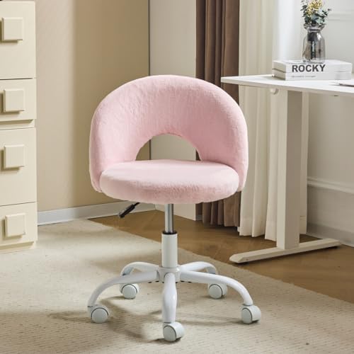 Adjustable Faux Fur Vanity Chair, Swivel Rolling Desk Chair for Makeup