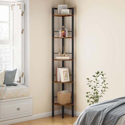 5-Tier Industrial Corner Shelf, 60.5" Tall Narrow Corner Bookshelf Stand