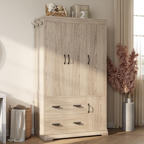 Freestanding Bedroom Wardrobe Closet with Drawers and Hanging Rod, Light Oak
