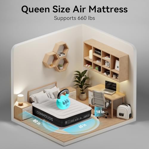 Queen Air Mattress with Built-in Pump, Waterproof Flocked Top