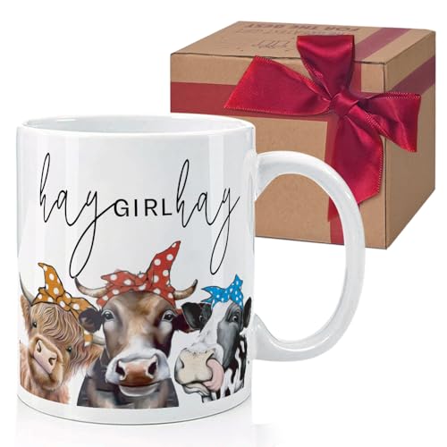 Funny Cow Mug Gift for Cow Lover 11oz Ceramic Coffee Cup - Hay Girl or Mom