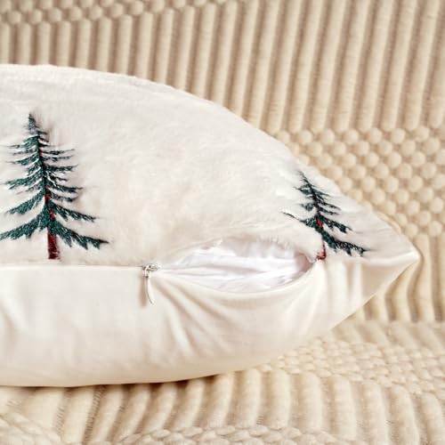 Christmas Pillow Covers 18x18 Set of 2 Christmas Tree Pillow Covers with Embroidered Soft Plush Faux Fur Farmhouse Decorations for Winter Holiday Home Bedroom Sofa Cushion Cases