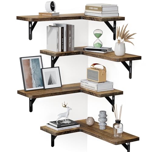 Set of 4 Corner Floating Shelves, Solid Paulownia Wood L-Shaped Wall Shelves