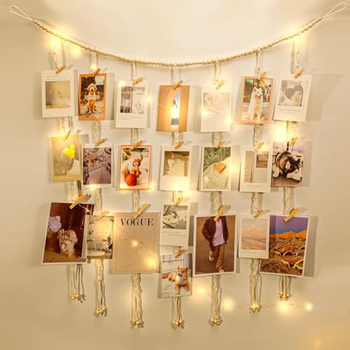 Boho Macrame Hanging Photo Display with LED Lights and 50 Wooden Clips