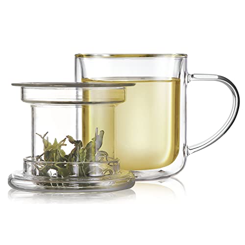 Teabloom 8oz Double-Walled Borosilicate Glass Tea Cup with Infuser & Lid