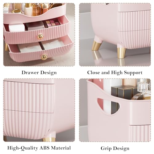 Pink Makeup Organizer with Drawers & Top Compartment - Large Capacity Vanity Storage