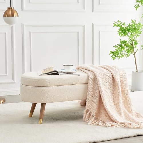 43.5" Oval Upholstered Storage Bench, Boucle Fabric Ottoman with Gold Legs
