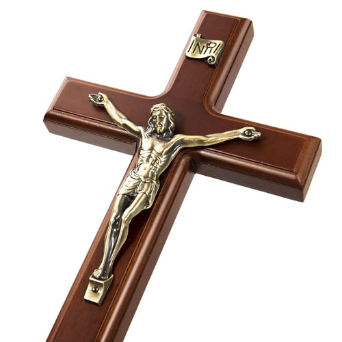 12-Inch Wooden Crucifix Wall Cross with Antique Brass Jesus Corpus