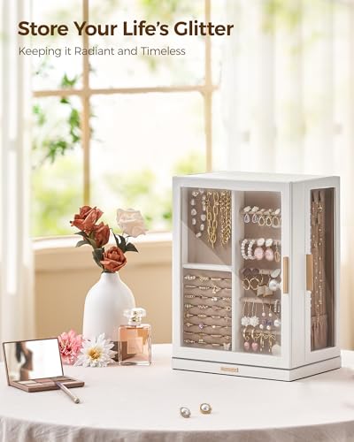 360° Rotating Jewelry Organizer Box with 7 Drawers and Glass Display