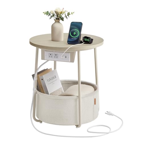 Round Side Table with Charging Station and Fabric Storage Basket