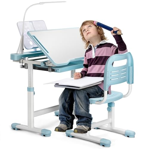 Adjustable Kids Study Desk and Chair Set with LED Lamp and Drawer