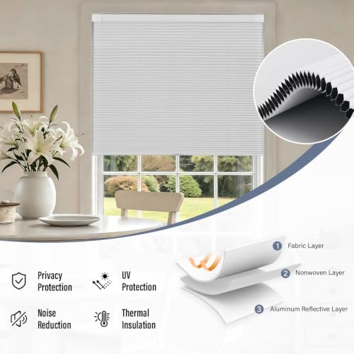 Cordless Blackout Cellular Shades, 34" W x 48" H, White - No Drill Honeycomb Blinds