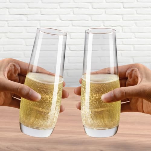 PARACITY Set of 2 8oz Stemless Champagne Flutes - Hand Blown Clear Glass for Cocktails & Sparkling Wine