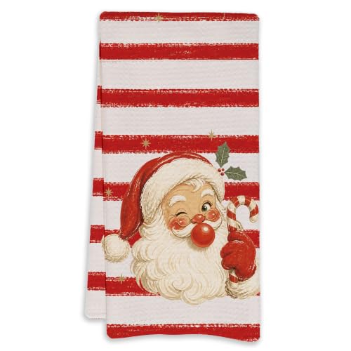 Red Christmas Striped Santa Kitchen Towels 16x24in - LCRBF