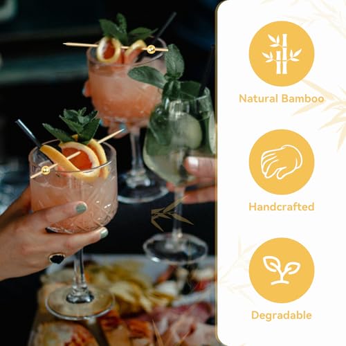 Bamboo Cocktail Picks with Gold Ball - 4.7 Inch Appetizer Skewers, 200 Pack