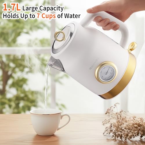 Retro Electric Tea Kettle, 1.7L Stainless Steel with Built-in Thermometer