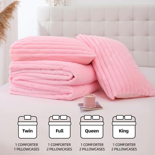Pink Faux Fur Queen Comforter Set - 3-Piece Plush Fleece Bedding Set