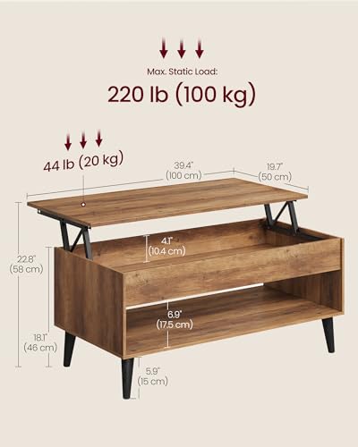 VASAGLE Honey Brown Lift Top Coffee Table with Hidden Storage - 19.7D x 39.4W x 22.8H