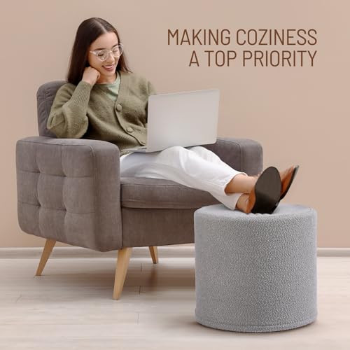 Round Grey Boucle Ottoman - 17.7-Inch Soft Foam Footrest & Extra Seat