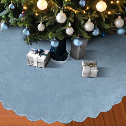 48-Inch Gray Blue Velvet Christmas Tree Skirt, Rustic Scalloped Edge