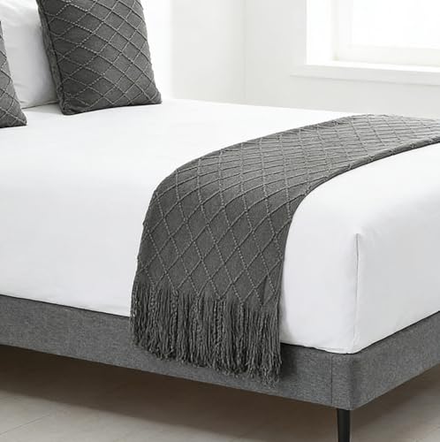 Grey Knit Bed Runner with Tassels (102 x 24 In) for King & Queen Beds
