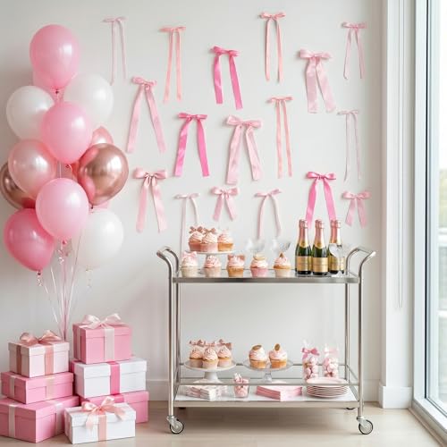 Pink Bow Wall Decor - 40Pcs Satin Ribbon Bows for Party Backdrop