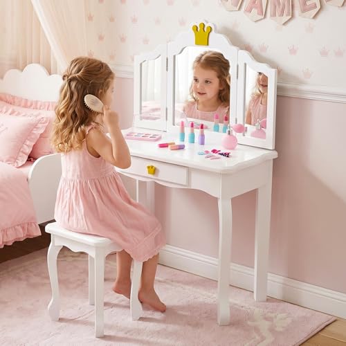 Kids Vanity Table and Chair Set with Tri-Folding Mirror and Storage Drawer