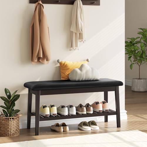 2-Tier Bamboo Dining Bench with PU Leather Seat, 39-Inch Entryway Bench
